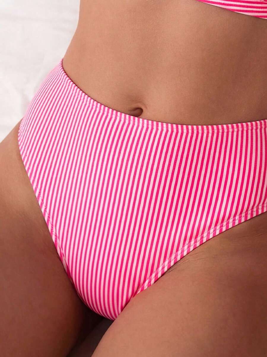Women's 2-Piece Striped Bikini Set - Cross Wrap Bust, High Waist, Deep V Neck, Blue
