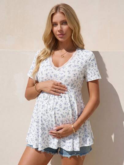Maternity Ditsy Floral Scoop Neck T-Shirt with Drawstring Waist, Blue and White Slim Fit Short Sleeve Summer Pregnancy Top