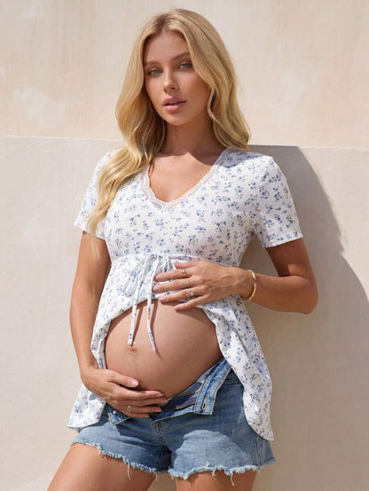 Maternity Ditsy Floral Scoop Neck T-Shirt with Drawstring Waist, Blue and White Slim Fit Short Sleeve Summer Pregnancy Top