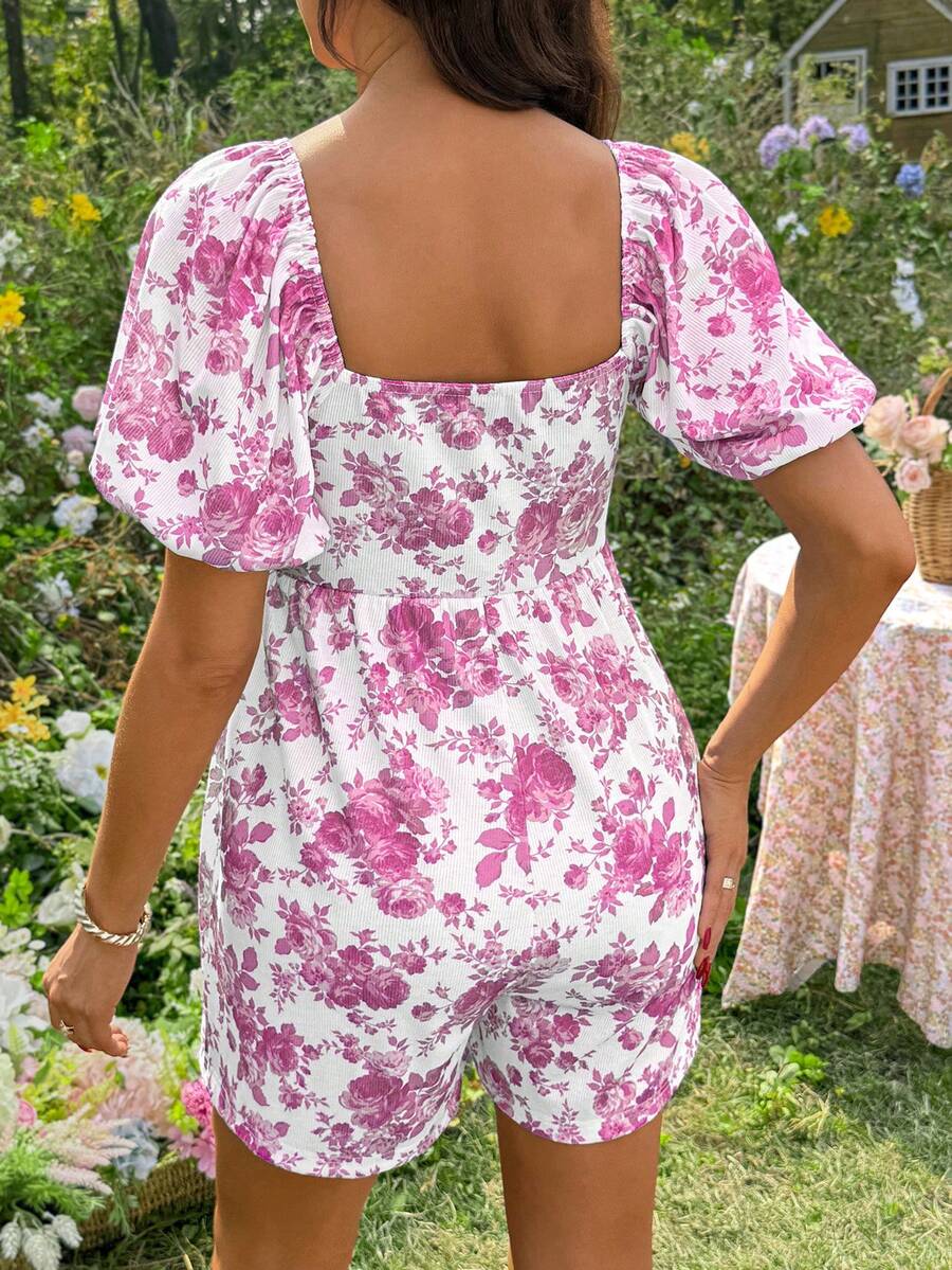 Yellow Floral Print Maternity Jumpsuit - Boho Square Neck Puff Sleeve Short Romper - High Waist Loose Fit Summer Beach Outfit