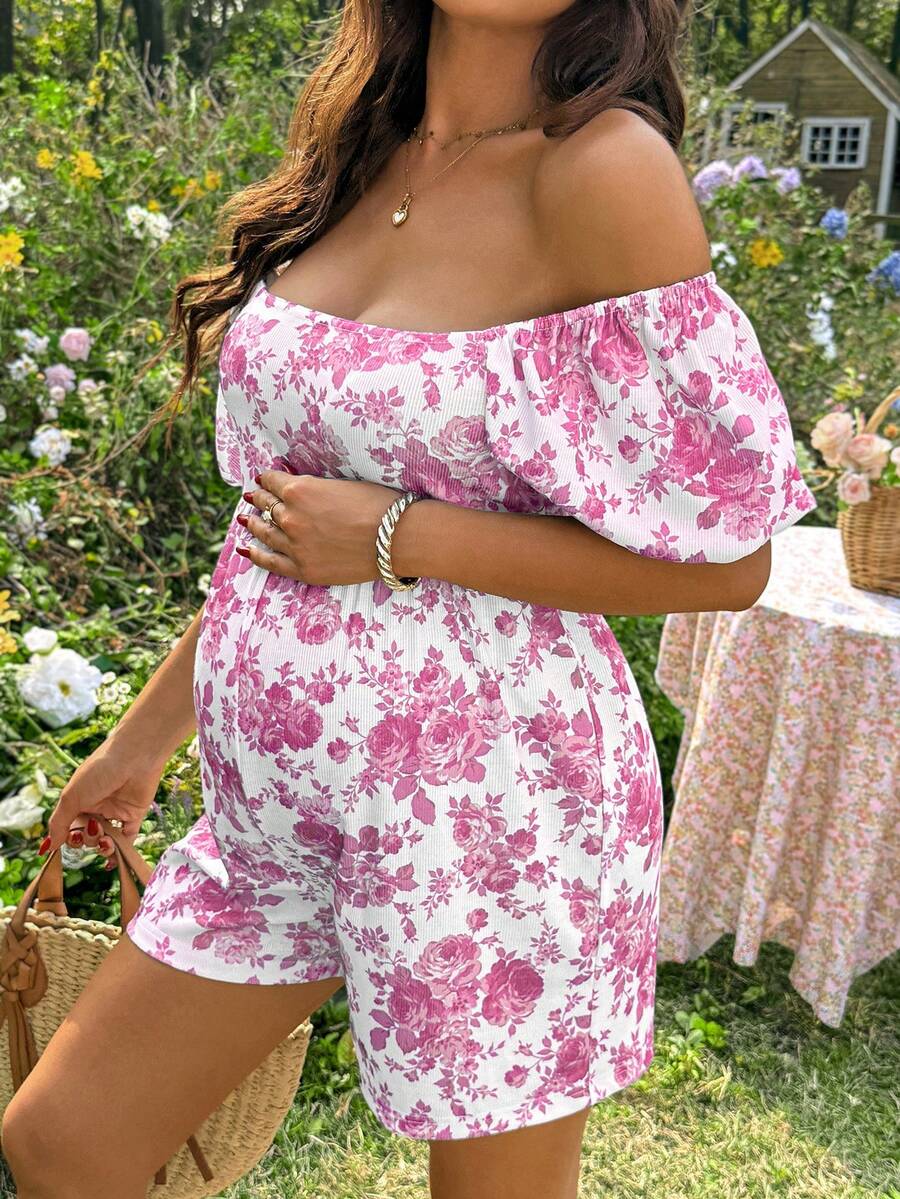 Yellow Floral Print Maternity Jumpsuit - Boho Square Neck Puff Sleeve Short Romper - High Waist Loose Fit Summer Beach Outfit