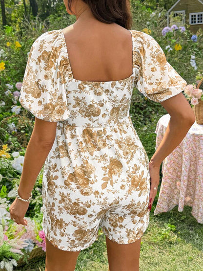 Yellow Floral Print Maternity Jumpsuit - Boho Square Neck Puff Sleeve Short Romper - High Waist Loose Fit Summer Beach Outfit
