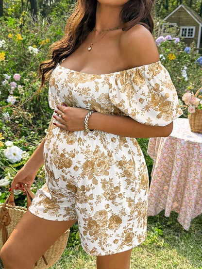 Yellow Floral Print Maternity Jumpsuit - Boho Square Neck Puff Sleeve Short Romper - High Waist Loose Fit Summer Beach Outfit