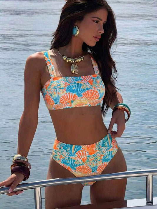 Women's 2-Piece Square Neck Bikini Set - Seashell Decor, Criss Cross, High Waist, Multicolor