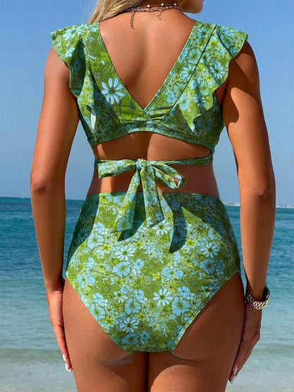 Maternity Bikini Set - Floral V-Neck Ruffle High Waist Summer Beach Vacation, Mom To Be