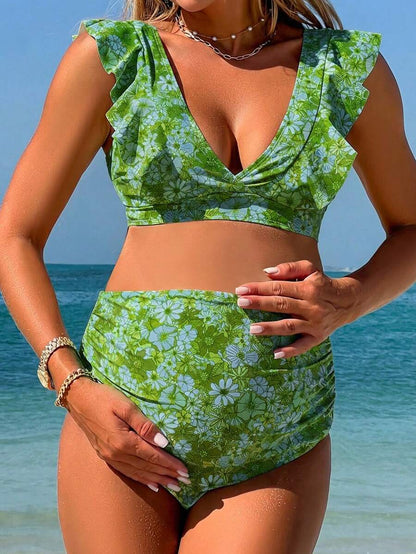 Maternity Bikini Set - Floral V-Neck Ruffle High Waist Summer Beach Vacation, Mom To Be