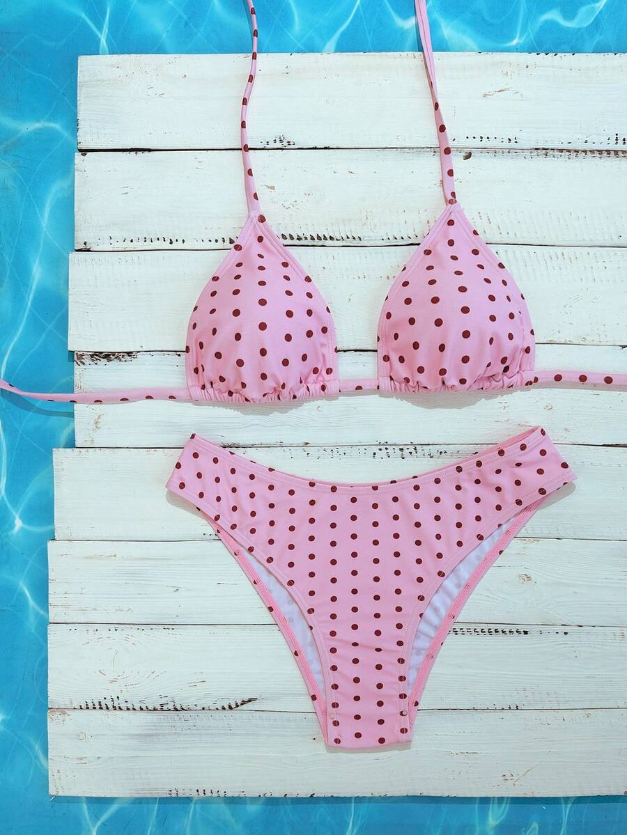 Swim Vcay 2026 Spring/Summer Women's Spaghetti Strap Halter Neck Black Base White Polka Dot Random Print Sweet Cute Side High Cut Bikini Swimwear 2-Piece Set Vacation Bikini Set Pink Bikini Set High Leg Bikini Set Modest Bikini Set Bikini Set