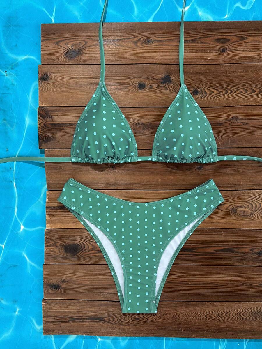 Swim Vcay 2026 Spring/Summer Women's Spaghetti Strap Halter Neck Black Base White Polka Dot Random Print Sweet Cute Side High Cut Bikini Swimwear 2-Piece Set Vacation Bikini Set Pink Bikini Set High Leg Bikini Set Modest Bikini Set Bikini Set