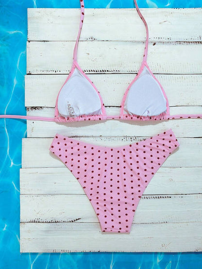 Swim Vcay 2026 Spring/Summer Women's Spaghetti Strap Halter Neck Black Base White Polka Dot Random Print Sweet Cute Side High Cut Bikini Swimwear 2-Piece Set Vacation Bikini Set Pink Bikini Set High Leg Bikini Set Modest Bikini Set Bikini Set