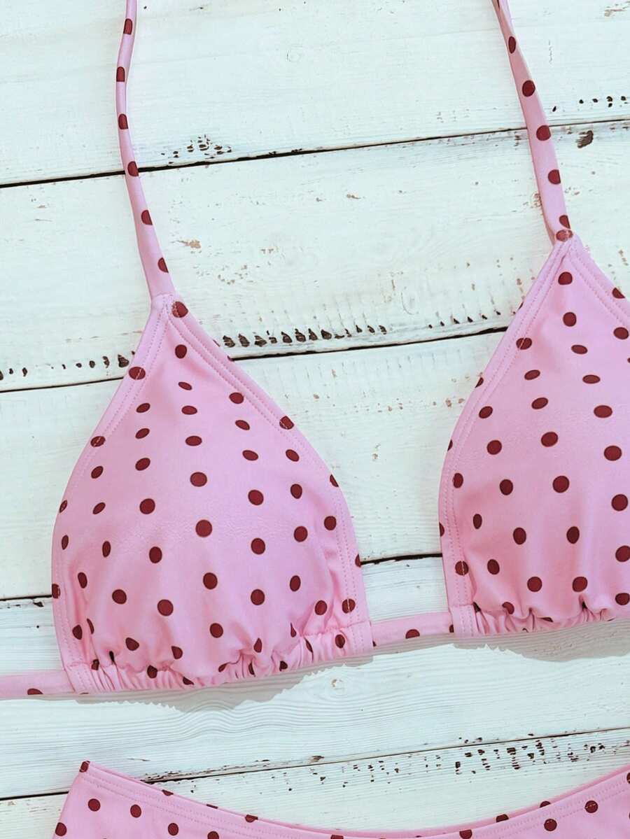 Swim Vcay 2026 Spring/Summer Women's Spaghetti Strap Halter Neck Black Base White Polka Dot Random Print Sweet Cute Side High Cut Bikini Swimwear 2-Piece Set Vacation Bikini Set Pink Bikini Set High Leg Bikini Set Modest Bikini Set Bikini Set