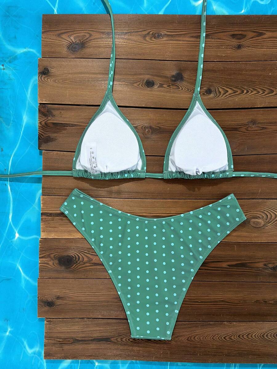Swim Vcay 2026 Spring/Summer Women's Spaghetti Strap Halter Neck Black Base White Polka Dot Random Print Sweet Cute Side High Cut Bikini Swimwear 2-Piece Set Vacation Bikini Set Pink Bikini Set High Leg Bikini Set Modest Bikini Set Bikini Set