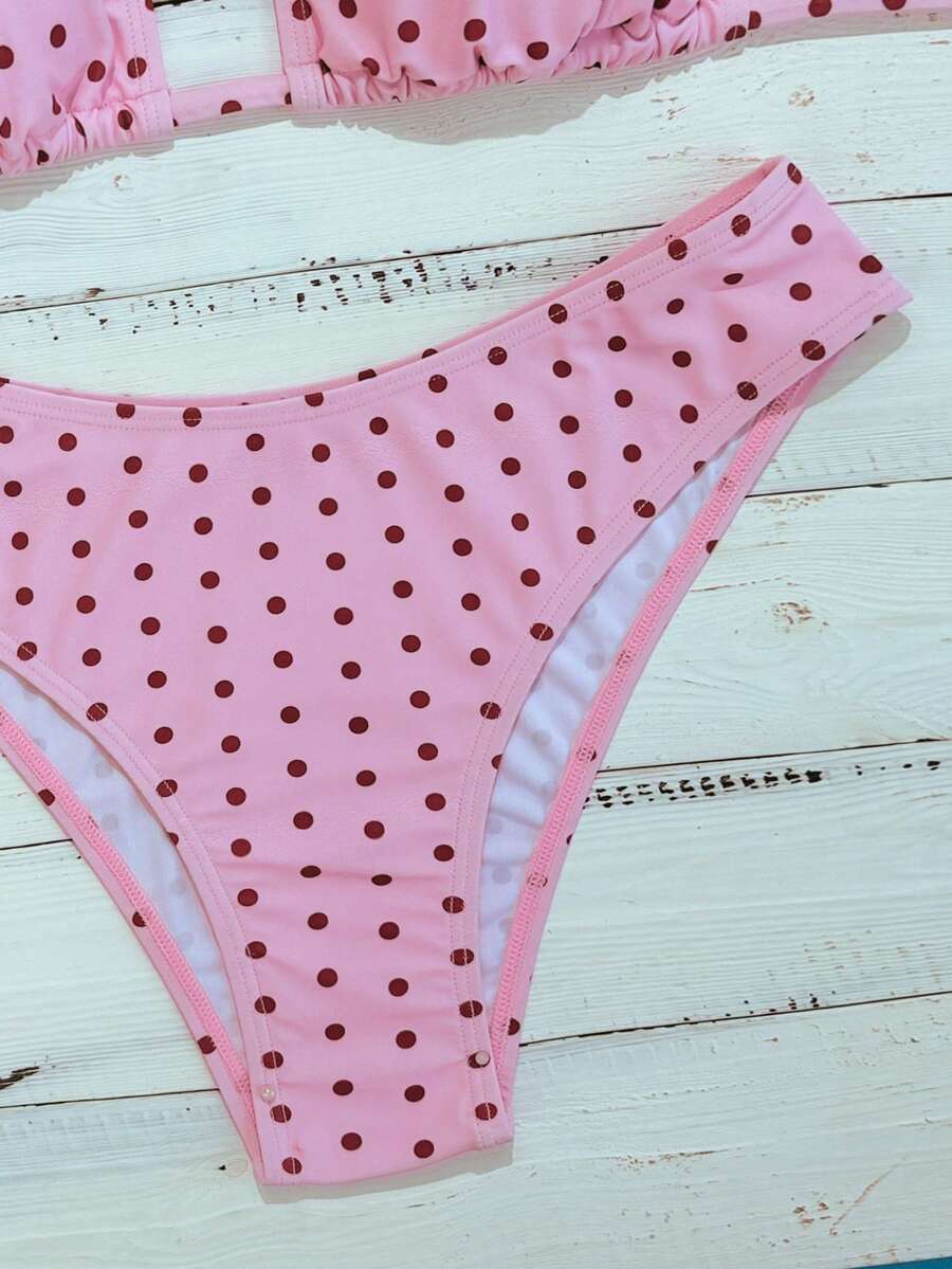 Swim Vcay 2026 Spring/Summer Women's Spaghetti Strap Halter Neck Black Base White Polka Dot Random Print Sweet Cute Side High Cut Bikini Swimwear 2-Piece Set Vacation Bikini Set Pink Bikini Set High Leg Bikini Set Modest Bikini Set Bikini Set