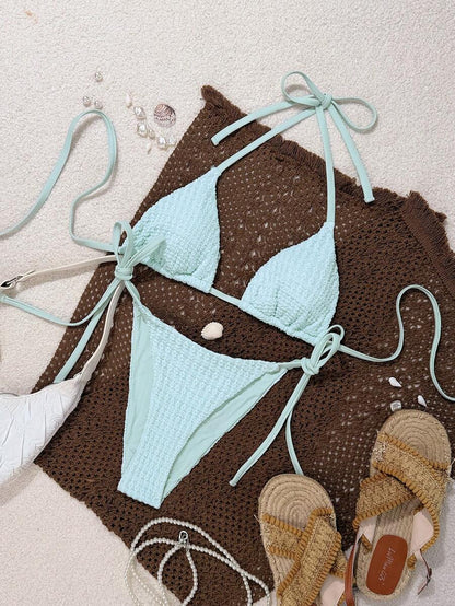 Swim Vcay Women's Summer Beach Contrast Color Halter Tie Sexy Bikini And Triangle Panty Swimwear Set Blue Bikini Yacht Party Outfit Vacation Bikini Boat Party Outfit Women Tie Side Bikini Triangle Bikini Set Light Blue Bikini