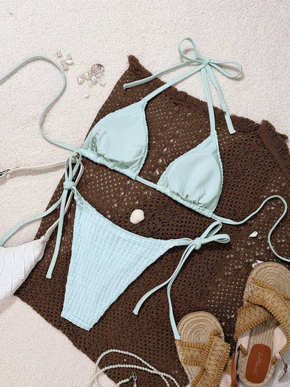 Swim Vcay Women's Summer Beach Contrast Color Halter Tie Sexy Bikini And Triangle Panty Swimwear Set Blue Bikini Yacht Party Outfit Vacation Bikini Boat Party Outfit Women Tie Side Bikini Triangle Bikini Set Light Blue Bikini