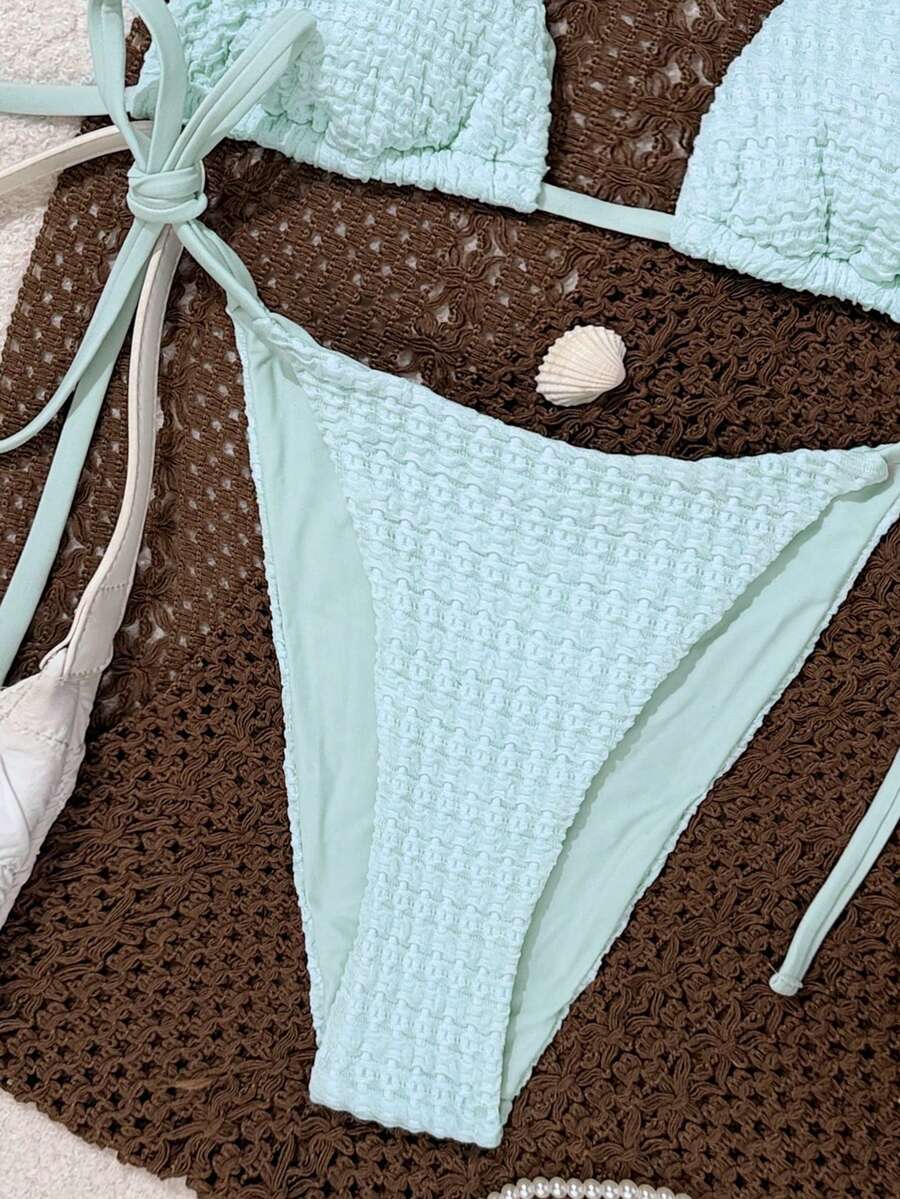 Swim Vcay Women's Summer Beach Contrast Color Halter Tie Sexy Bikini And Triangle Panty Swimwear Set Blue Bikini Yacht Party Outfit Vacation Bikini Boat Party Outfit Women Tie Side Bikini Triangle Bikini Set Light Blue Bikini