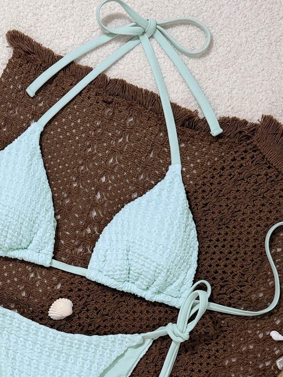 Swim Vcay Women's Summer Beach Contrast Color Halter Tie Sexy Bikini And Triangle Panty Swimwear Set Blue Bikini Yacht Party Outfit Vacation Bikini Boat Party Outfit Women Tie Side Bikini Triangle Bikini Set Light Blue Bikini