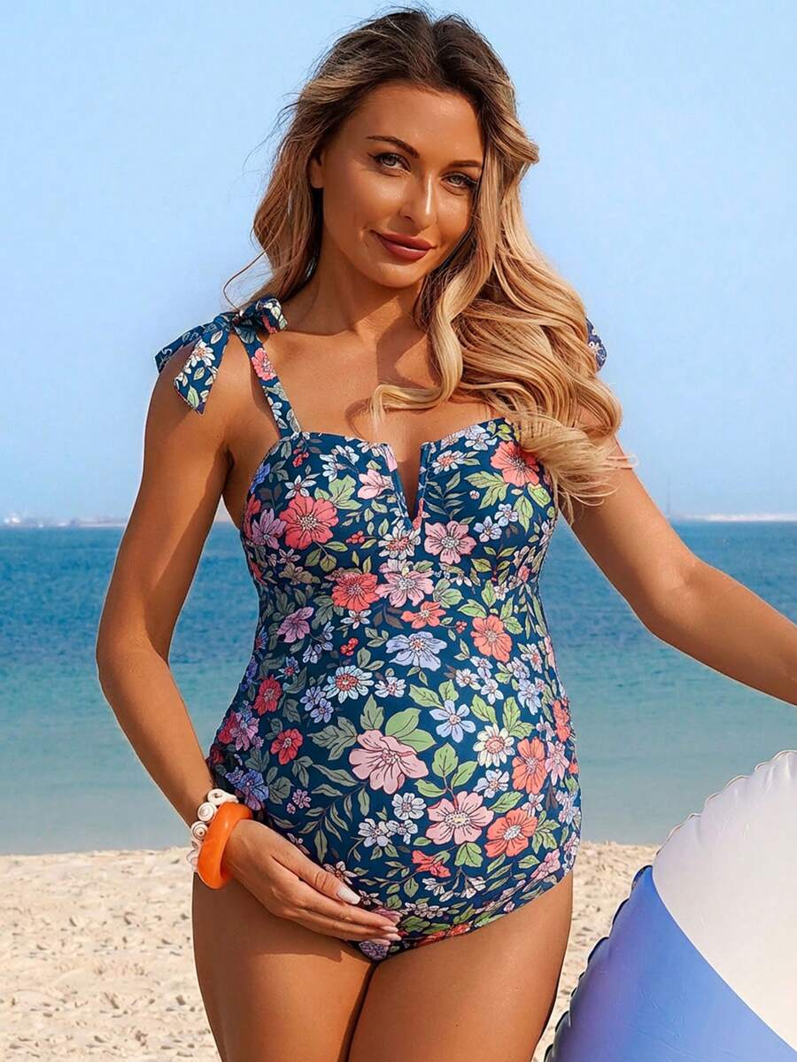 Maternity Jumpsuit - Floral V-Neck Bow-Tie Casual Summer Beach Pool Resort