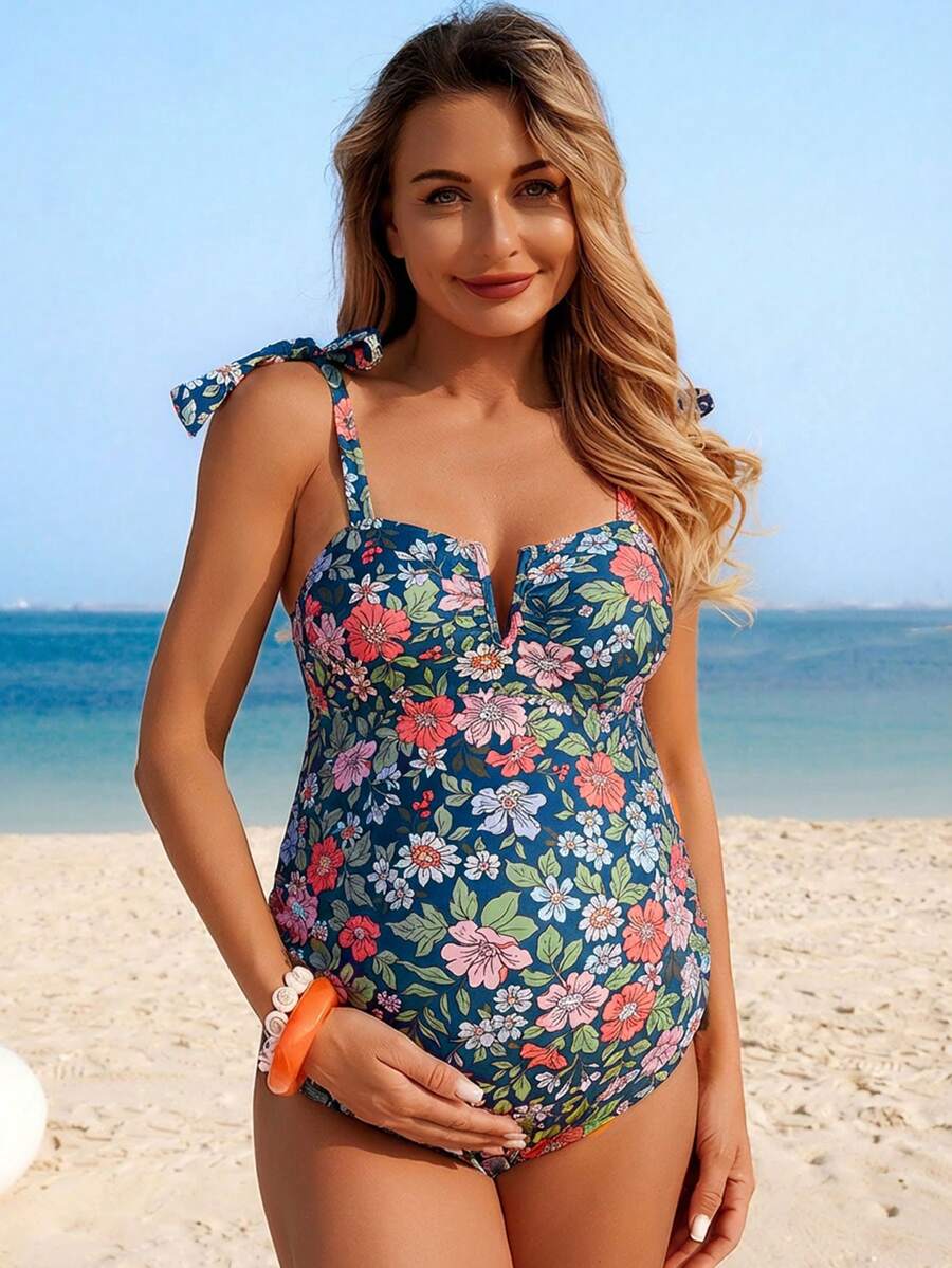 Maternity Jumpsuit - Floral V-Neck Bow-Tie Casual Summer Beach Pool Resort