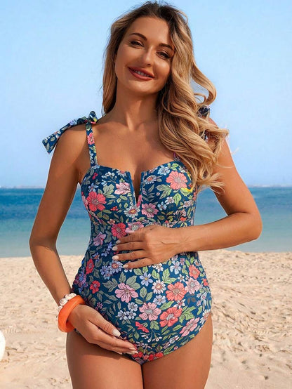 Maternity Jumpsuit - Floral V-Neck Bow-Tie Casual Summer Beach Pool Resort