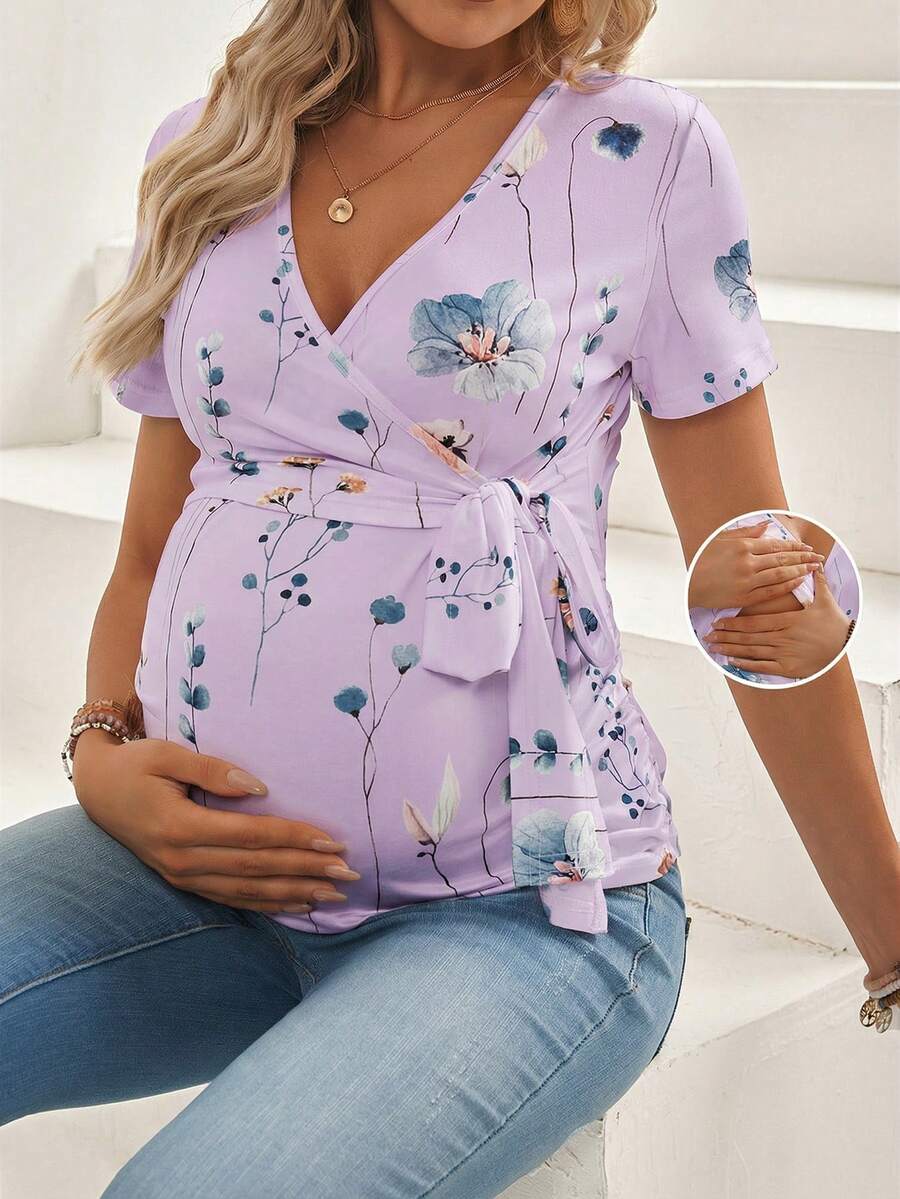 Maternity V-Neck Floral Print Breastfeeding Friendly Short Sleeve T-Shirt, Slim Fit High Stretch Knit Casual Summer Maternity Top