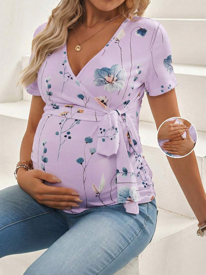 Maternity V-Neck Floral Print Breastfeeding Friendly Short Sleeve T-Shirt, Slim Fit High Stretch Knit Casual Summer Maternity Top
