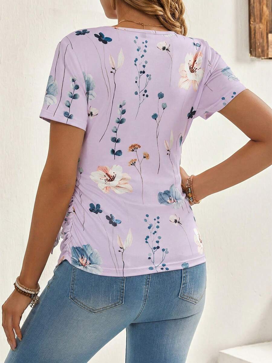Maternity Floral Print V-Neck Short Sleeve Knot Front T-Shirt Slim Fit Stretchy Knit Top for Casual Daily Wear