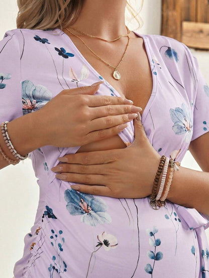 Yellow Floral Maternity & Nursing T-Shirt - V-Neck Short Sleeve Belted Top with High-Stretch Nursing Access