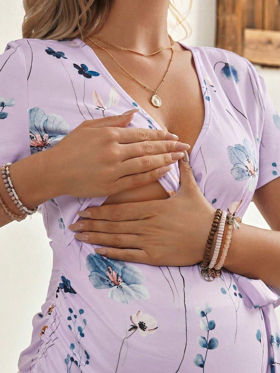 Maternity V-Neck Floral Print Breastfeeding Friendly Short Sleeve T-Shirt, Slim Fit High Stretch Knit Casual Summer Maternity Top