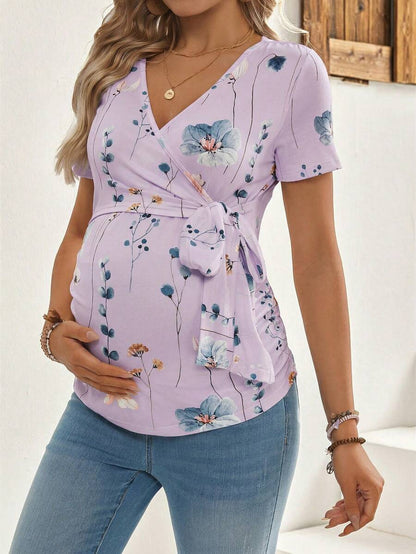 Maternity V-Neck Floral Print Breastfeeding Friendly Short Sleeve T-Shirt, Slim Fit High Stretch Knit Casual Summer Maternity Top
