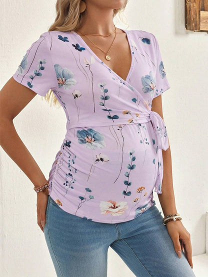 Yellow Floral Maternity & Nursing T-Shirt - V-Neck Short Sleeve Belted Top with High-Stretch Nursing Access
