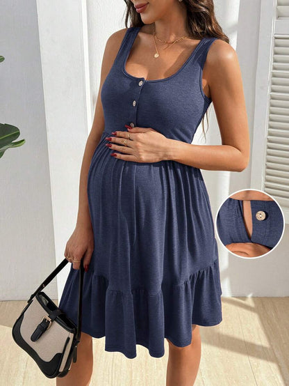 Maternity Nursing Dress - Solid Color Minimalist Sleeveless, Burgundy