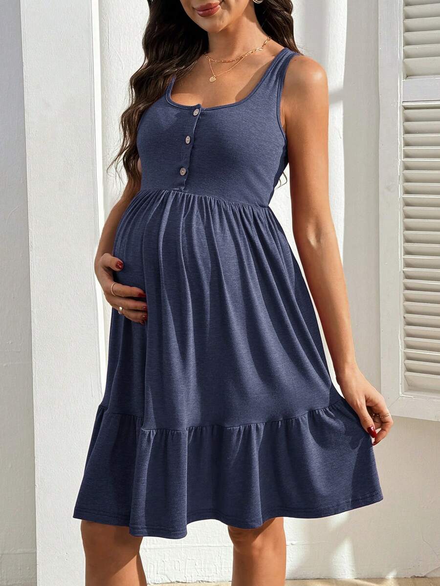 Maternity Nursing Dress - Solid Color Minimalist Sleeveless, Burgundy