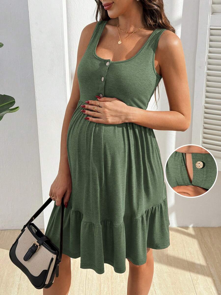 Maternity Nursing Dress - Solid Color Minimalist Sleeveless, Burgundy