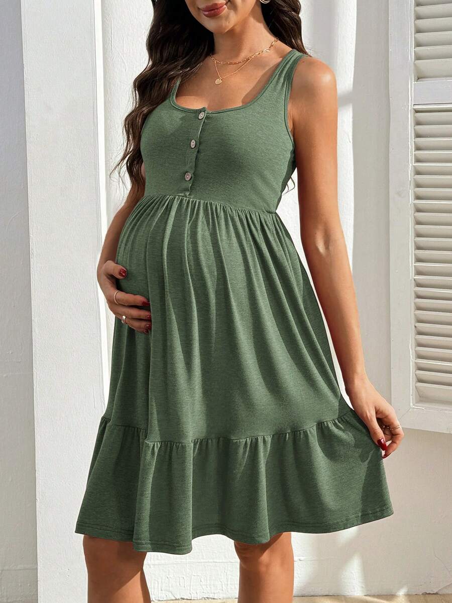 Blue Button Front Nursing Dress - Slim Fit Square Neck Maternity Summer Dress - High Stretch Sleeveless Ribbed Knit Bump Friendly Mini Dress