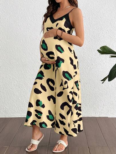 Maternity Casual Leopard Print V-Neck Sleeveless Midi Dress High Waist Backless Spaghetti Strap Cami Dress for Daily Wear