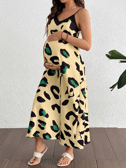 Maternity Leopard Print V-Neck Camisole Dress - Sleeveless Flared Midi Dress