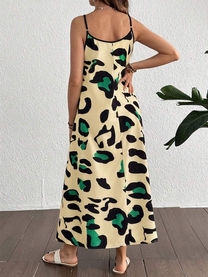 Maternity Leopard Print V-Neck Camisole Dress - Sleeveless Flared Midi Dress