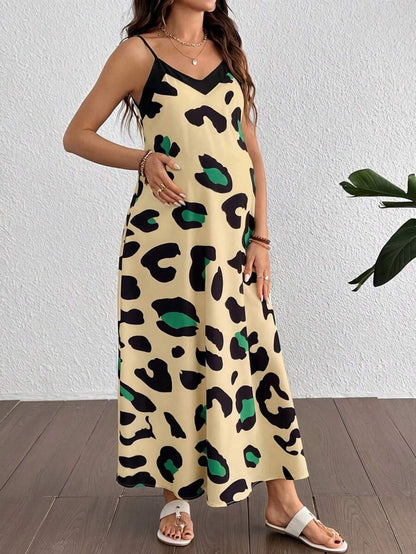 Maternity Leopard Print V-Neck Camisole Dress - Sleeveless Flared Midi Dress