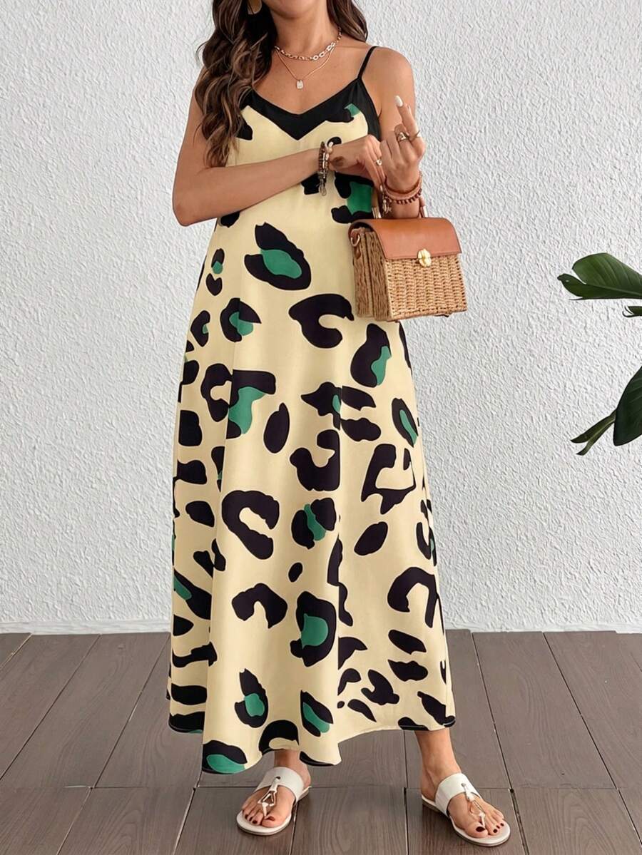 Maternity Casual Leopard Print V-Neck Sleeveless Midi Dress High Waist Backless Spaghetti Strap Cami Dress for Daily Wear