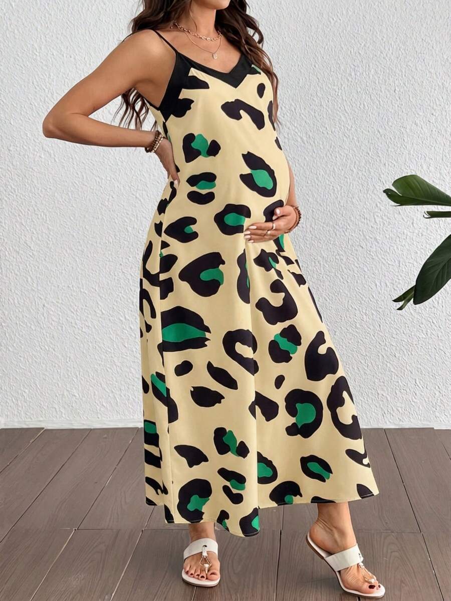 Maternity Leopard Print V-Neck Camisole Dress - Sleeveless Flared Midi Dress