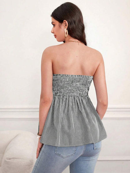 Striped Maternity Bandeau Peplum Top - Strapless Color Block Tie Front Top with Frill Trim