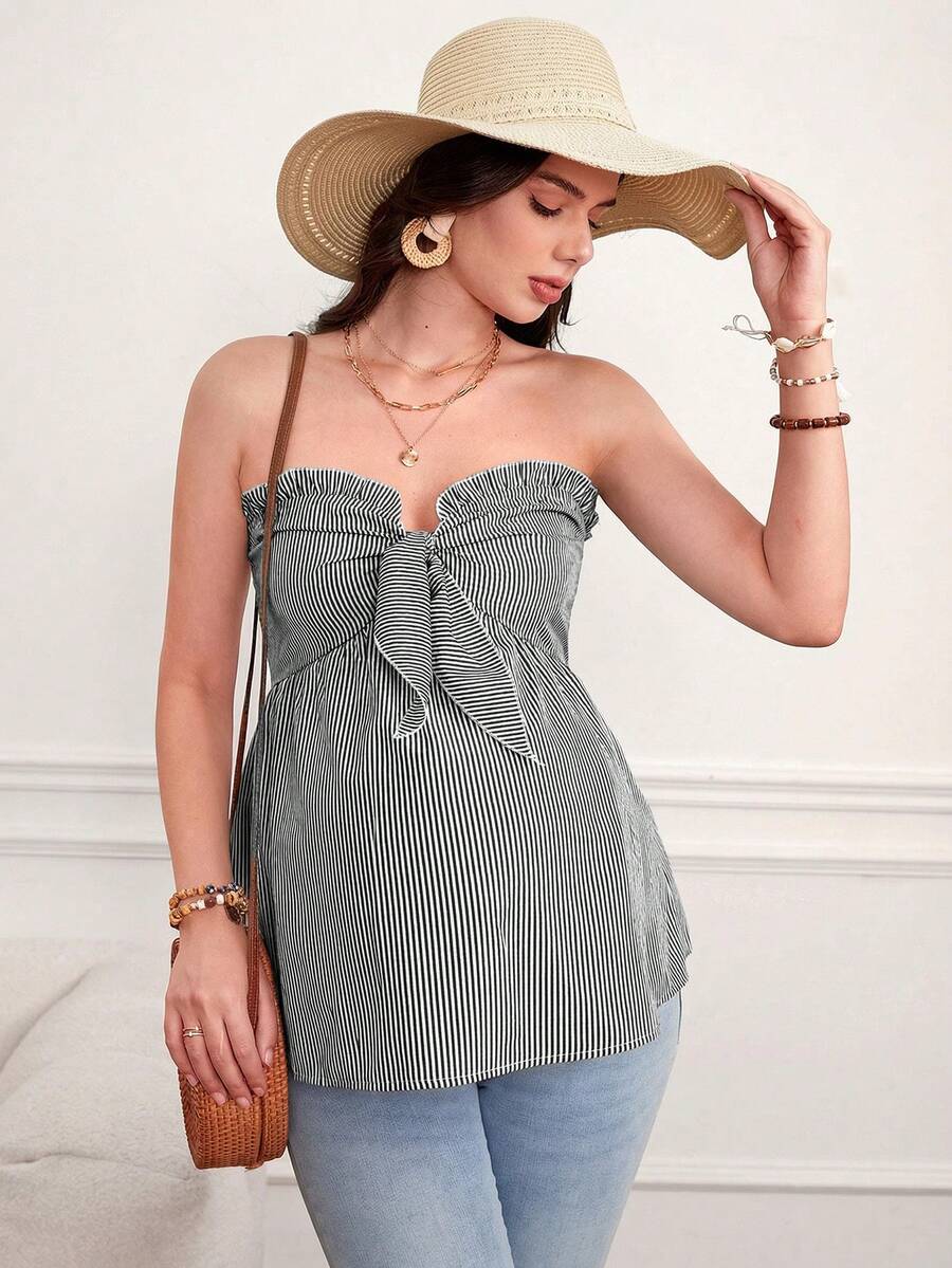 Navy Blue Striped Frill Trim Maternity Babydoll Tube Top Strapless Front Tie Flared Hem Summer Beach Vacation Sleeveless Top