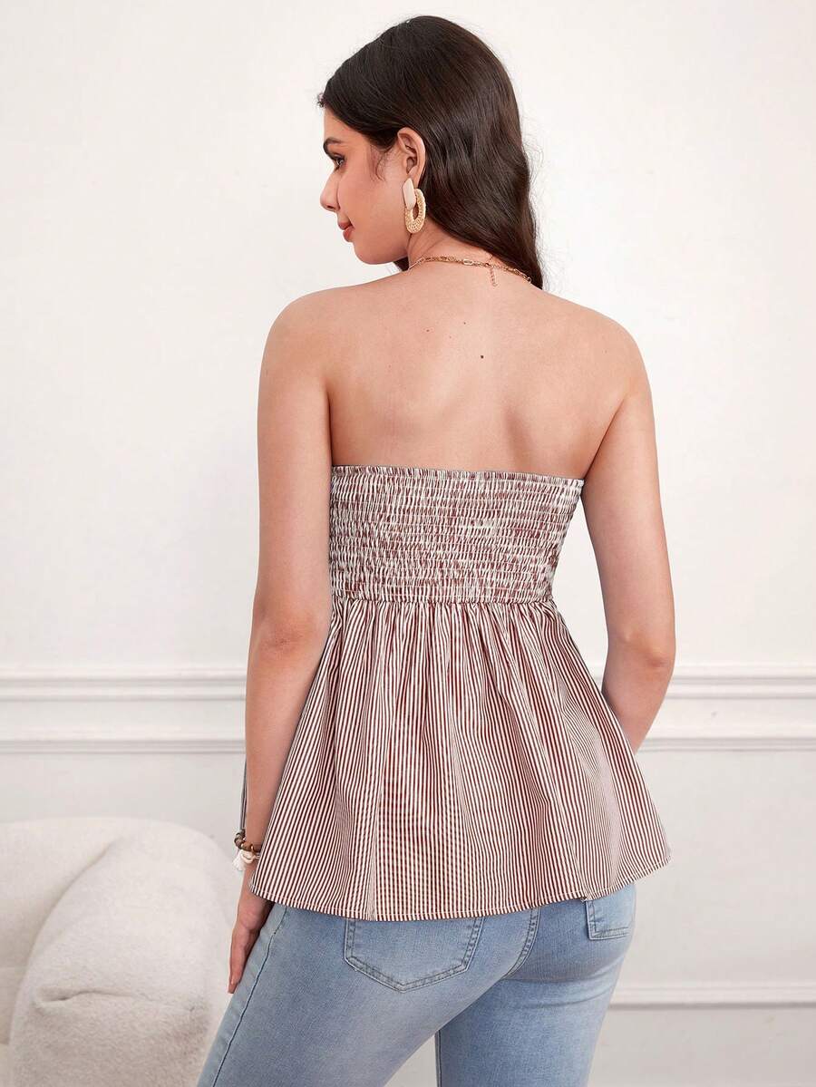 Striped Maternity Bandeau Peplum Top - Strapless Color Block Tie Front Top with Frill Trim