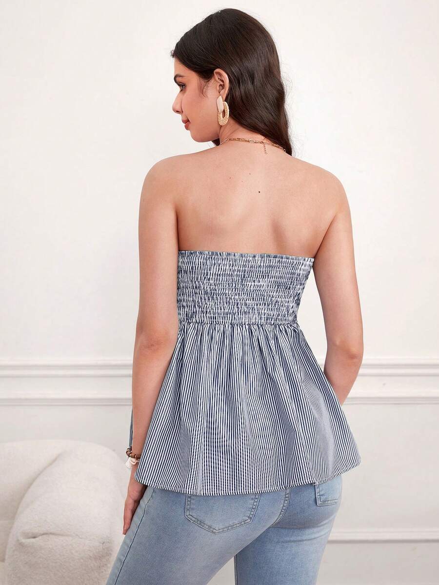 Striped Maternity Bandeau Peplum Top - Strapless Color Block Tie Front Top with Frill Trim