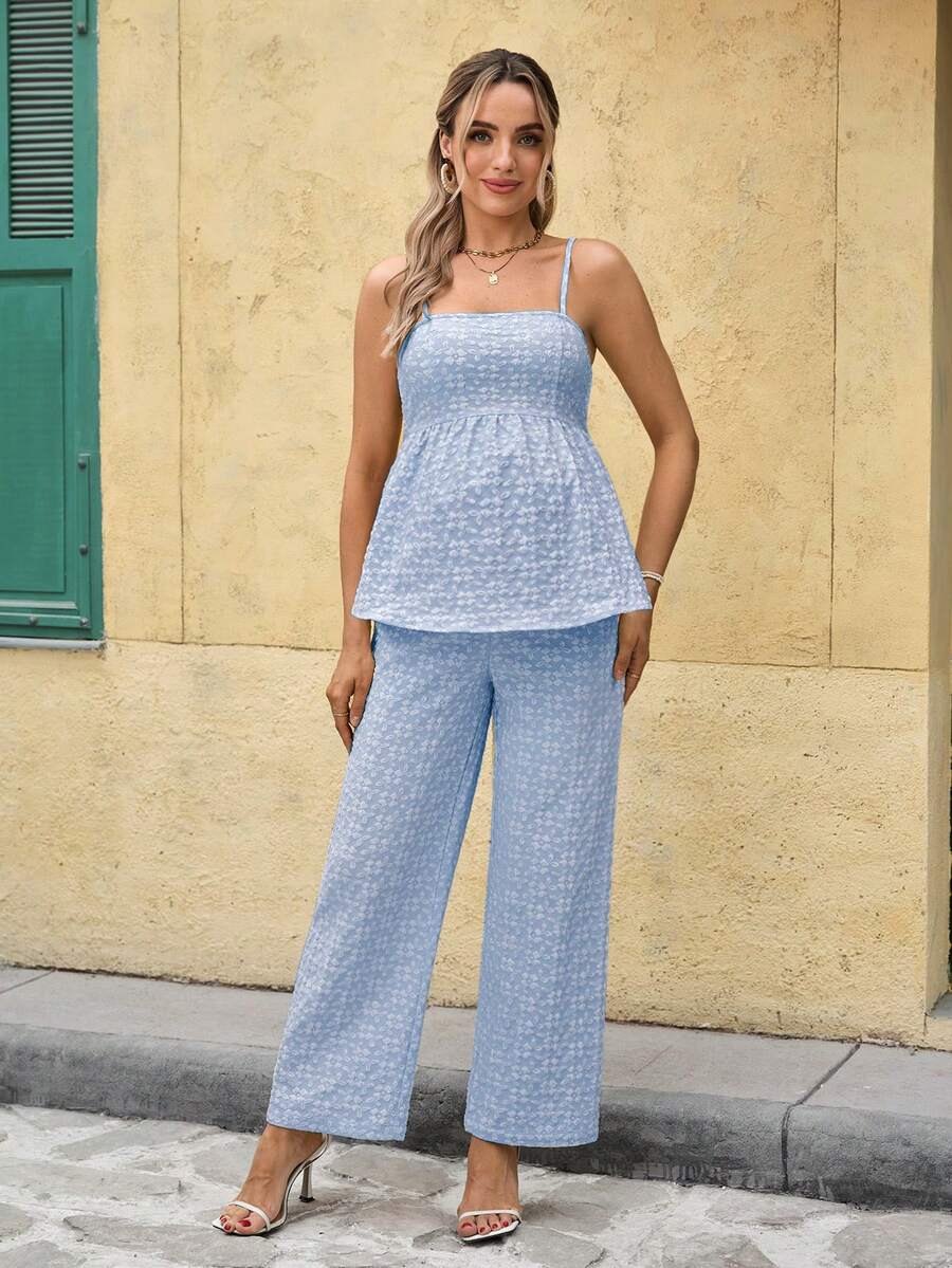 Maternity Boho Floral Camisole and Elastic Waist Pants 2 Piece Set Slim Fit Pink Ditsy Print Pregnancy Loungewear for Home