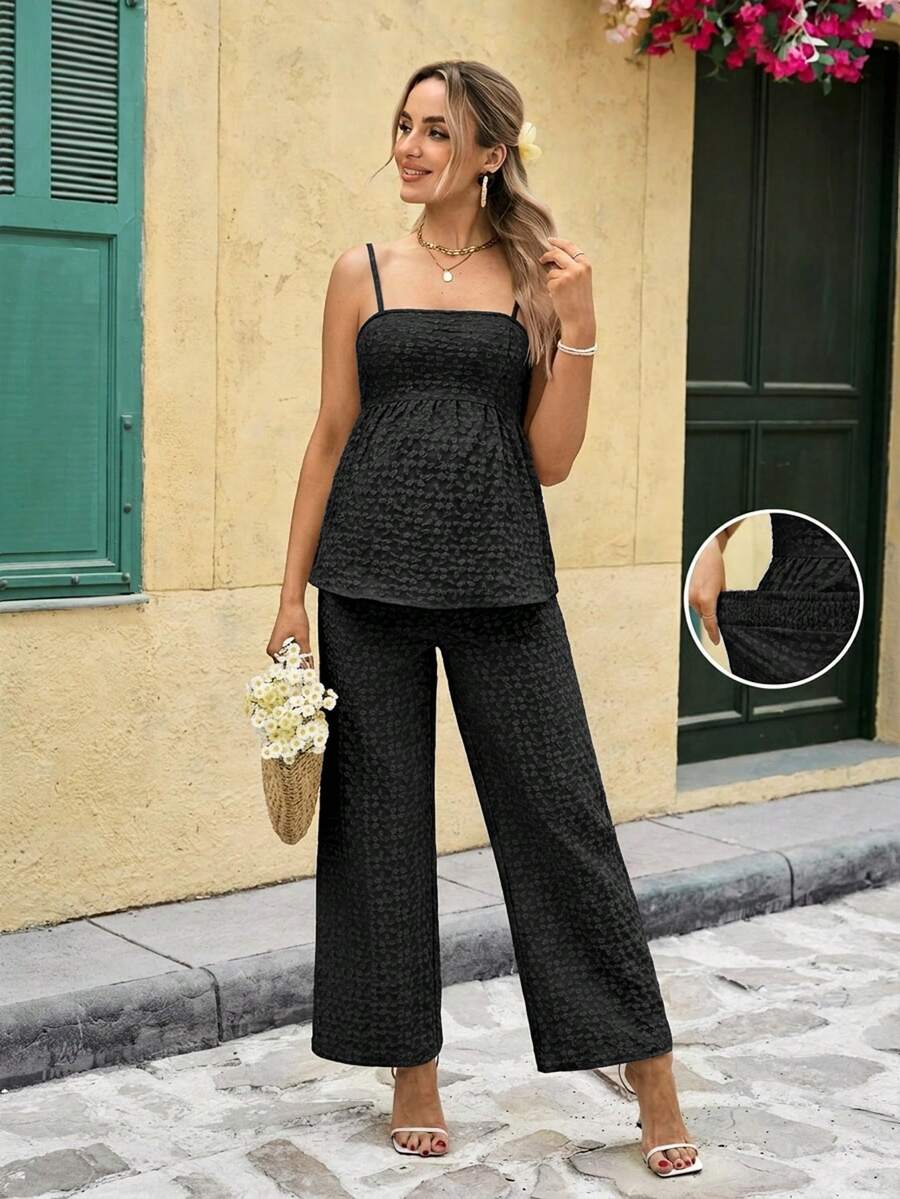 Maternity Boho Floral Camisole and Elastic Waist Pants 2 Piece Set Slim Fit Pink Ditsy Print Pregnancy Loungewear for Home