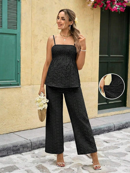 Maternity Boho Floral Camisole and Elastic Waist Pants 2 Piece Set Slim Fit Pink Ditsy Print Pregnancy Loungewear for Home