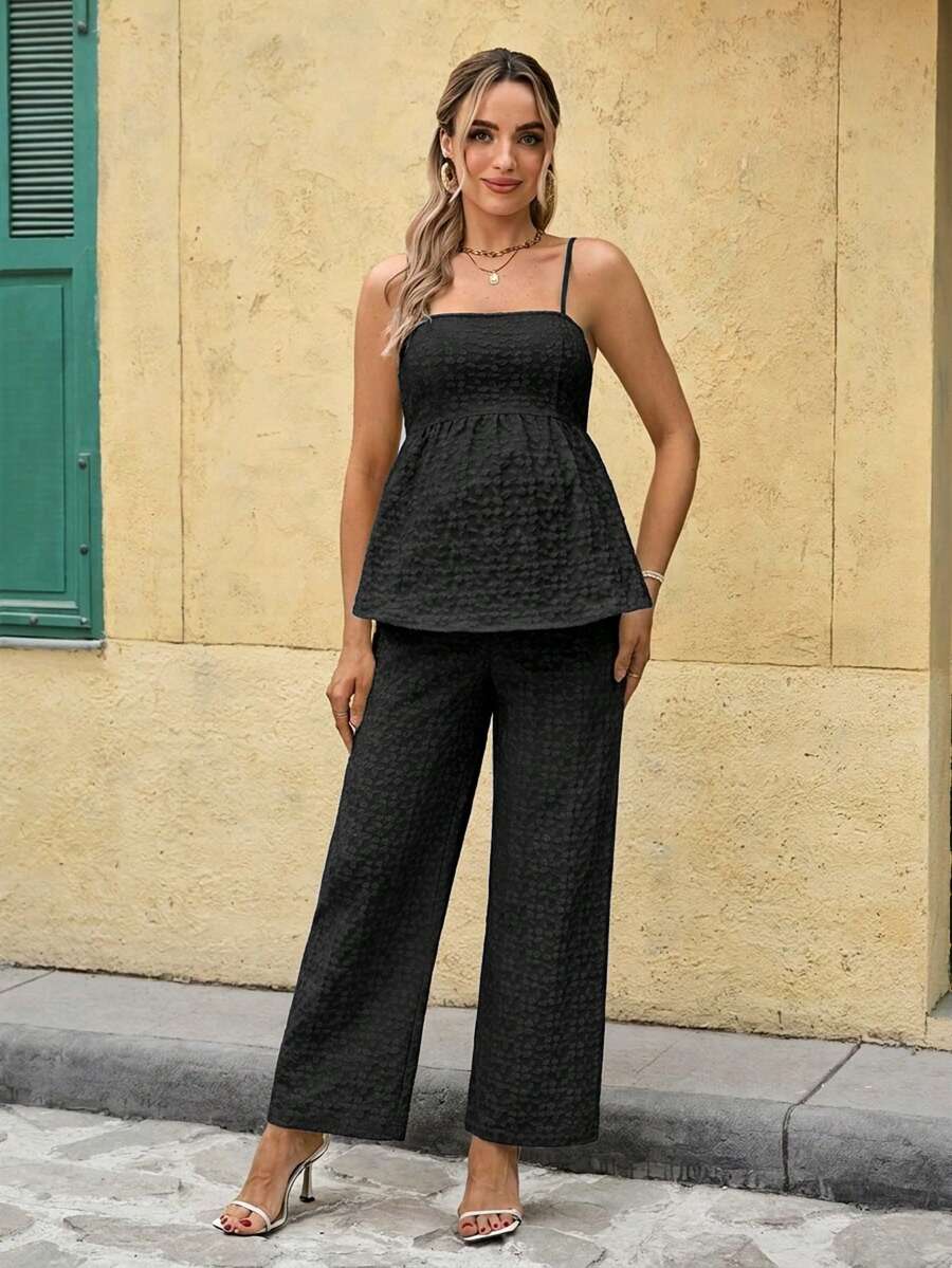 Maternity Boho Floral Camisole and Elastic Waist Pants 2 Piece Set Slim Fit Pink Ditsy Print Pregnancy Loungewear for Home