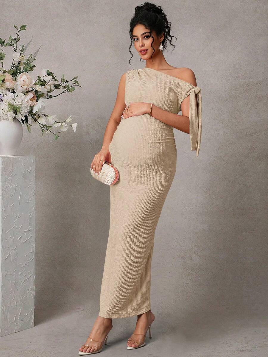 Maternity Fitted Midi Dress - Asymmetrical Neck, Split Sleeve, Jacquard, Slim Fit, Black