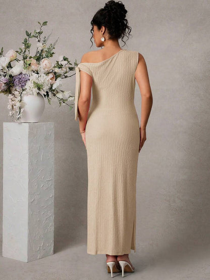 Maternity Fitted Midi Dress - Asymmetrical Neck, Split Sleeve, Jacquard, Slim Fit, Black